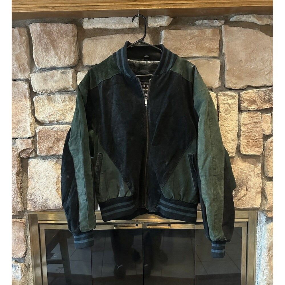Vintage Wilsons Suede Varsity Jacket Mens Large Black Green Bomber Full Zip